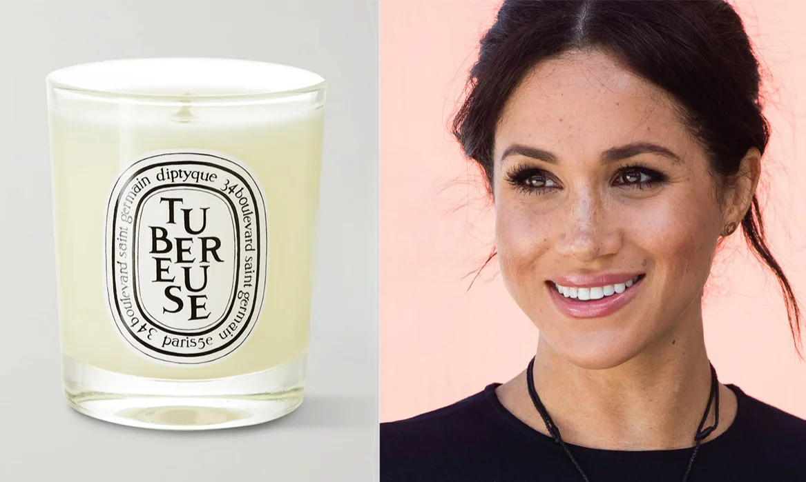 A collection of celebrity endorsements featuring Diptyque candles and perfumes in luxurious settings.