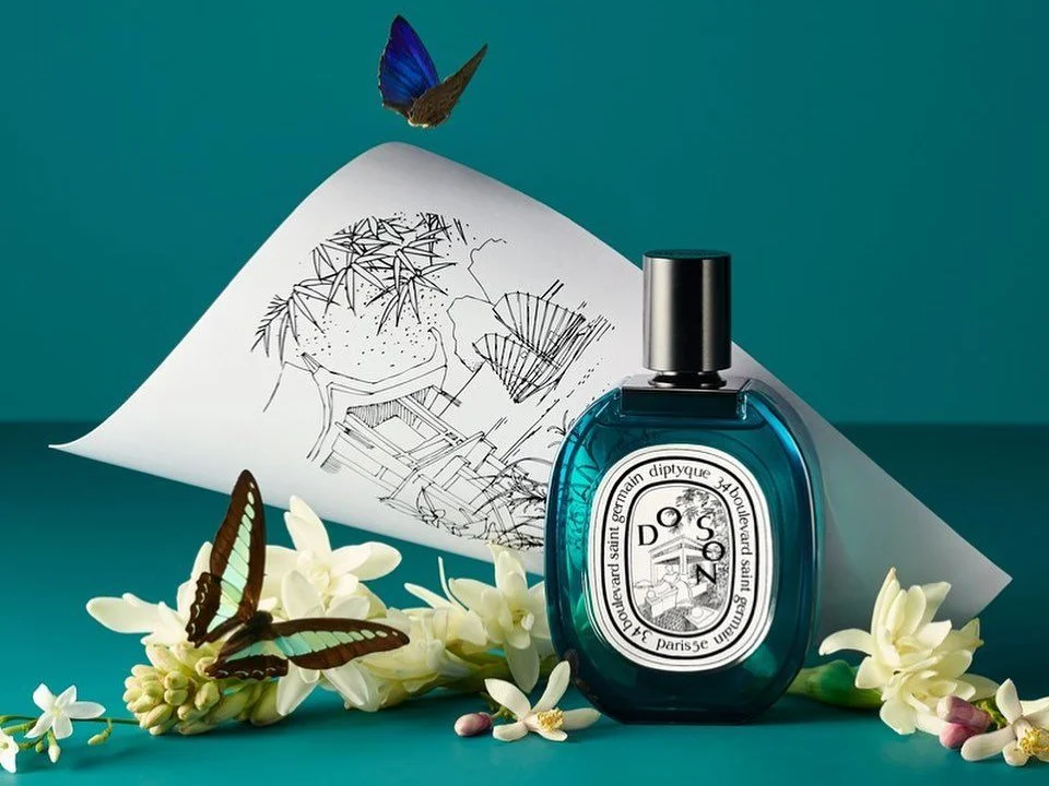 Bottle of Diptyque Do Son perfume, highlighting the delicate tuberose flower and its captivating floral fragrance