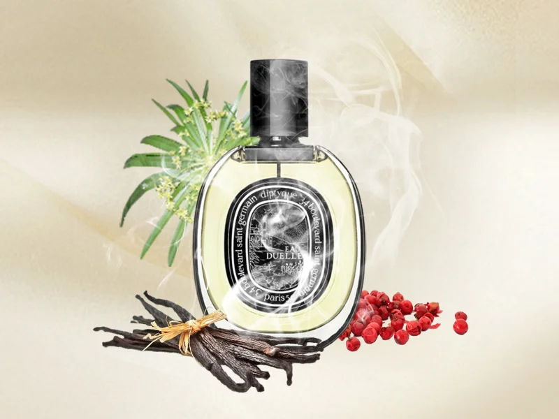 A bottle of Eau Duelle by Diptyque, showcasing its unisex fragrance profile with notes of vanilla, cardamom, and spices