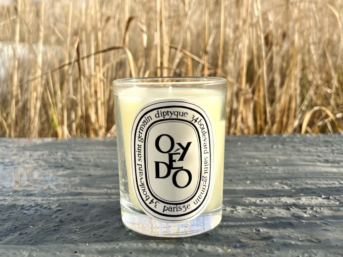 Diptyque Oyédo candle featuring a refreshing blend of citrus and green tea in an elegant glass jar