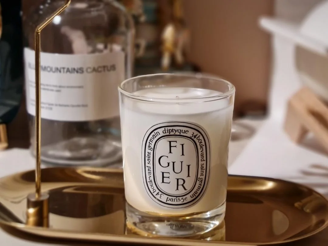 The Diptyque Figuier candle glowing softly, representing its luxurious fig tree fragrance and elegant design in a final review.