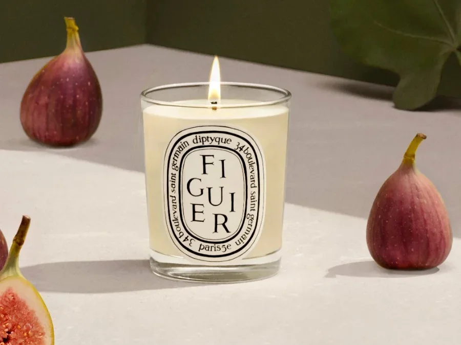 The Diptyque Figuier candle burning in a serene living space, showcasing how to enjoy its luxurious fig tree scent in a relaxing environment.